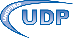 Logo with large blue gradient letters UDP, a curved blue swoosh containing the word UNIFIED, and smaller text below reading UNIFIED DISPOSAL PARTNERS in light gray—perfect for a dumpster rental service.